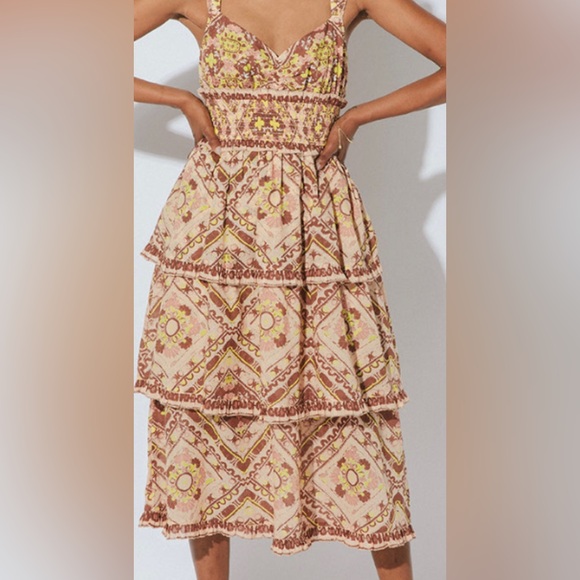 Cleobella Dresses & Skirts - Cleobella Pink & Yellow Tiered Printed Midi Dress